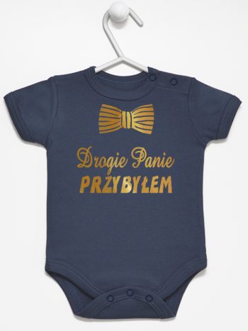 drogie panie przybyłem nadruk złoty body z krótkim rękawem kolor granatowy 195