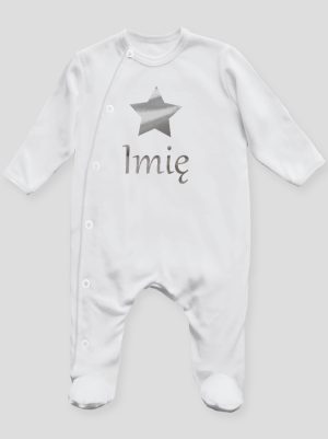 gwiazdka z imieniem nadruk srebrny pajacyk śpioszek ze stópkami 123