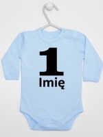 jedynka na pierwsze urodziny z imieniem body z długim rękawem kolor błękitny 084
