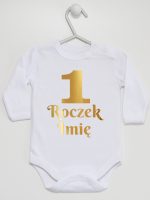 jedynka na roczek z imieniem nadruk złoty body z długim rękawem kolor biały 238 jedynka na roczek z imieniem nadruk złoty body z długim rękawem kolor biały 238