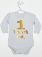jedynka na roczek z imieniem nadruk złoty body z długim rękawem kolor szary 238 jedynka na roczek z imieniem nadruk złoty body z długim rękawem kolor szary 238