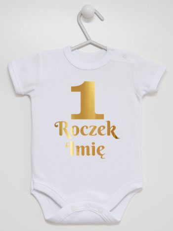 jedynka na roczek z imieniem nadruk złoty body z krótkim rękawem kolor biały 238