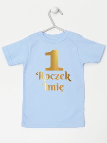 jedynka na roczek z imieniem nadruk złoty koszulka z krótkim rękawem kolor błękitny 238