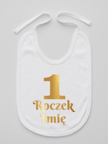 jedynka na roczek z imieniem nadruk złoty śliniak niemowlęcy kolor biały 238