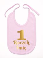 jedynka na roczek z imieniem nadruk złoty śliniak niemowlęcy kolor różowy 238 jedynka na roczek z imieniem nadruk złoty śliniak niemowlęcy kolor różowy 238