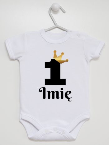 jedynka z koroną i imieniem na roczek body z krótkim rękawem kolor biały 161