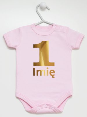 jedynka złota z imieniem na roczek body z krótkim rękawem kolor różowy 082