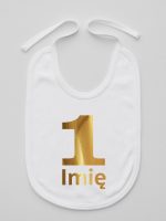 jedynka złota z imieniem na roczek śliniak niemowlęcy kolor biały 082