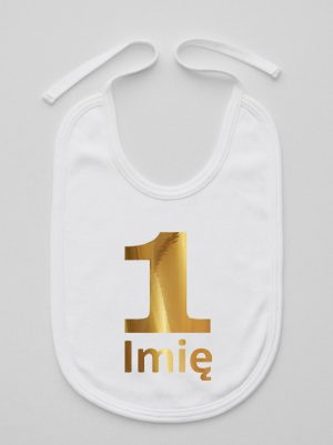 jedynka złota z imieniem na roczek śliniak niemowlęcy kolor biały 082