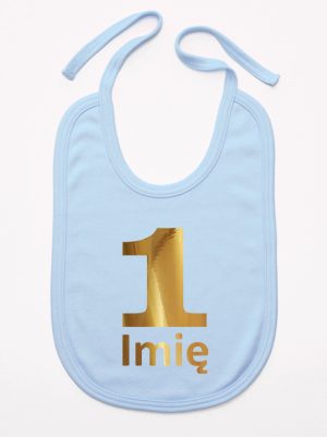 jedynka złota z imieniem na roczek śliniak niemowlęcy kolor błękitny 082