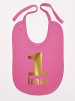 jedynka złota z imieniem na roczek śliniak niemowlęcy kolor ciemny różowy 082