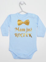 mam już roczek z muchą nadruk złoty body z długim rękawem kolor błękitny 250 mam już roczek z muchą nadruk złoty body z długim rękawem kolor błękitny 250