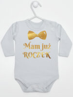mam już roczek z muchą nadruk złoty body z długim rękawem kolor szary 250 mam już roczek z muchą nadruk złoty body z długim rękawem kolor szary 250