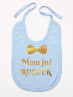 mam już roczek z muchą nadruk złoty śliniak niemowlęcy kolor błękitny 250 mam już roczek z muchą nadruk złoty śliniak niemowlęcy kolor błękitny 250