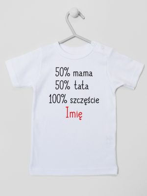 mama plus tata sto procent szczęście z imieniem koszulka z krótkim rękawem kolor biały 121