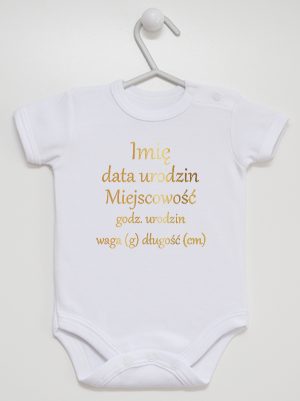 metryczka dziecka nadruk złoty body z krótkim rękawem kolor biały 105