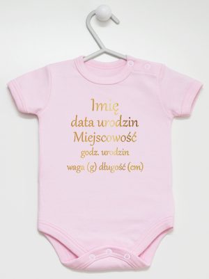 metryczka dziecka nadruk złoty body z krótkim rękawem kolor różowy 105