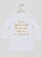 metryczka dziecka nadruk złoty koszulka z długim rękawem kolor biały 105