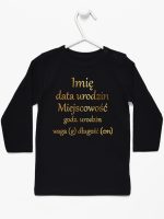 metryczka dziecka nadruk złoty koszulka z długim rękawem kolor czarny 105