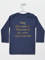 metryczka dziecka nadruk złoty koszulka z długim rękawem kolor granatowy 105