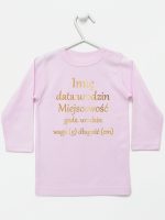 metryczka dziecka nadruk złoty koszulka z długim rękawem kolor różowy 105