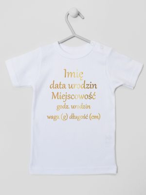 metryczka dziecka nadruk złoty koszulka z krótkim rękawem kolor biały 105