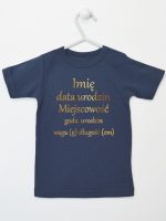 metryczka dziecka nadruk złoty koszulka z krótkim rękawem kolor granatowy 105