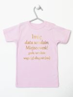 metryczka dziecka nadruk złoty koszulka z krótkim rękawem kolor różowy 105