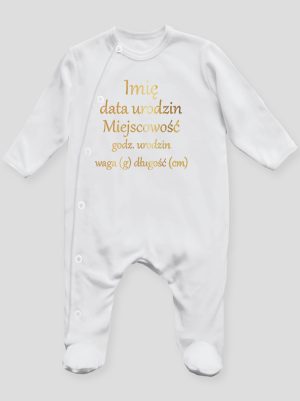 metryczka dziecka nadruk złoty pajacyk śpioszek ze stópkami 105