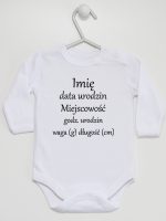 metryczka niemowlaka body z długim rękawem kolor biały 104