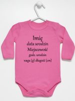 metryczka niemowlaka body z długim rękawem kolor ciemny różowy 104