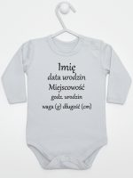 metryczka niemowlaka body z długim rękawem kolor szary 104