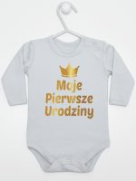 moje pierwsze urodziny nadruk złoty body z długim rękawem kolor szary 140