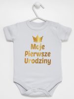 moje pierwsze urodziny nadruk złoty body z krótkim rękawem kolor szary 140