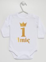 na pierwsze urodziny nadruk złoty z imieniem body z długim rękawem kolor biały 160