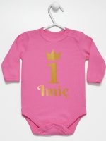 na pierwsze urodziny nadruk złoty z imieniem body z długim rękawem kolor ciemny różowy 160