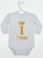 na pierwsze urodziny nadruk złoty z imieniem body z długim rękawem kolor szary 160