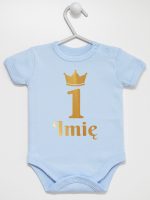 na pierwsze urodziny nadruk złoty z imieniem body z krótkim rękawem kolor błękitny 160