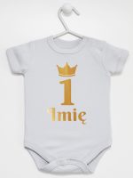 na pierwsze urodziny nadruk złoty z imieniem body z krótkim rękawem kolor szary 160