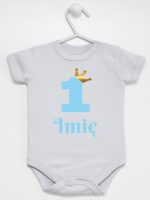 na roczek jedynka niebieska z imieniem body z krótkim rękawem kolor szary 172