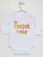 na roczek z imieniem dziecka nadruk złoty body z długim rękawem kolor biały 217