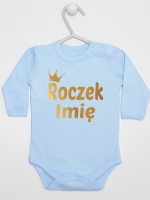 na roczek z imieniem dziecka nadruk złoty body z długim rękawem kolor błękitny 217