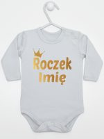 na roczek z imieniem dziecka nadruk złoty body z długim rękawem kolor szary 217