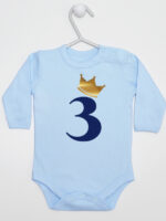 trójka z korona na trzecie urodziny body z długim rękawem kolor błękitny 258