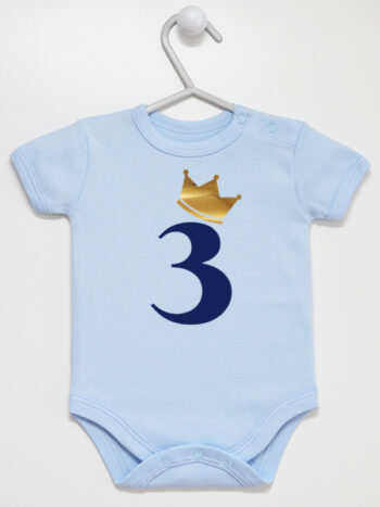 trójka z korona na trzecie urodziny body z krótkim rękawem kolor błękitny 258
