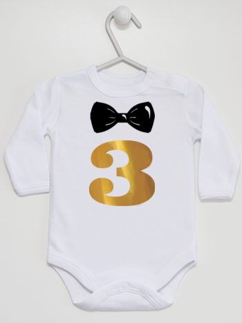 trójka z muszką na trzecie urodziny body z długim rękawem kolor biały 221