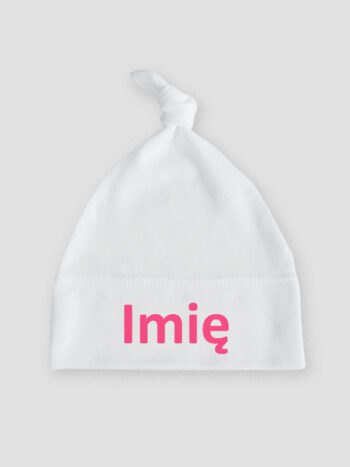 z imieniem dziecka kolor nadruku ciemny różowy czapka biala 007