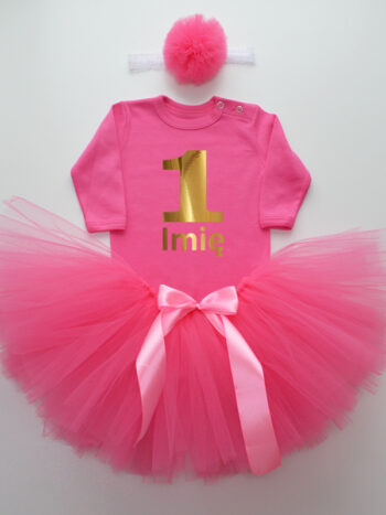 komplet spódniczka tiulowa tutu ciemno różowa i body na roczek tz012