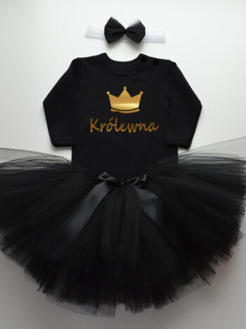 komplet spódniczka tiulowa tutu czarna i body z napisem królewna tz014