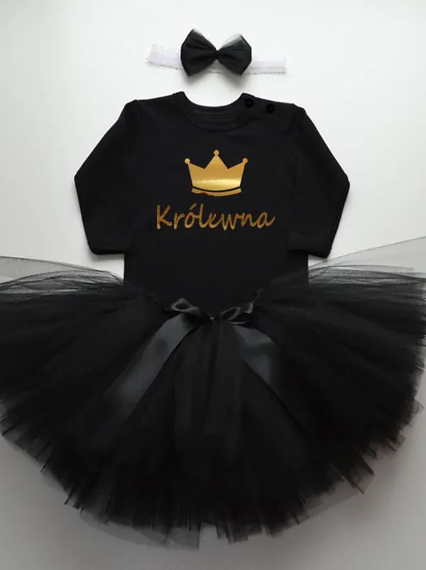komplet spódniczka tiulowa tutu czarna i body z napisem królewna tz014